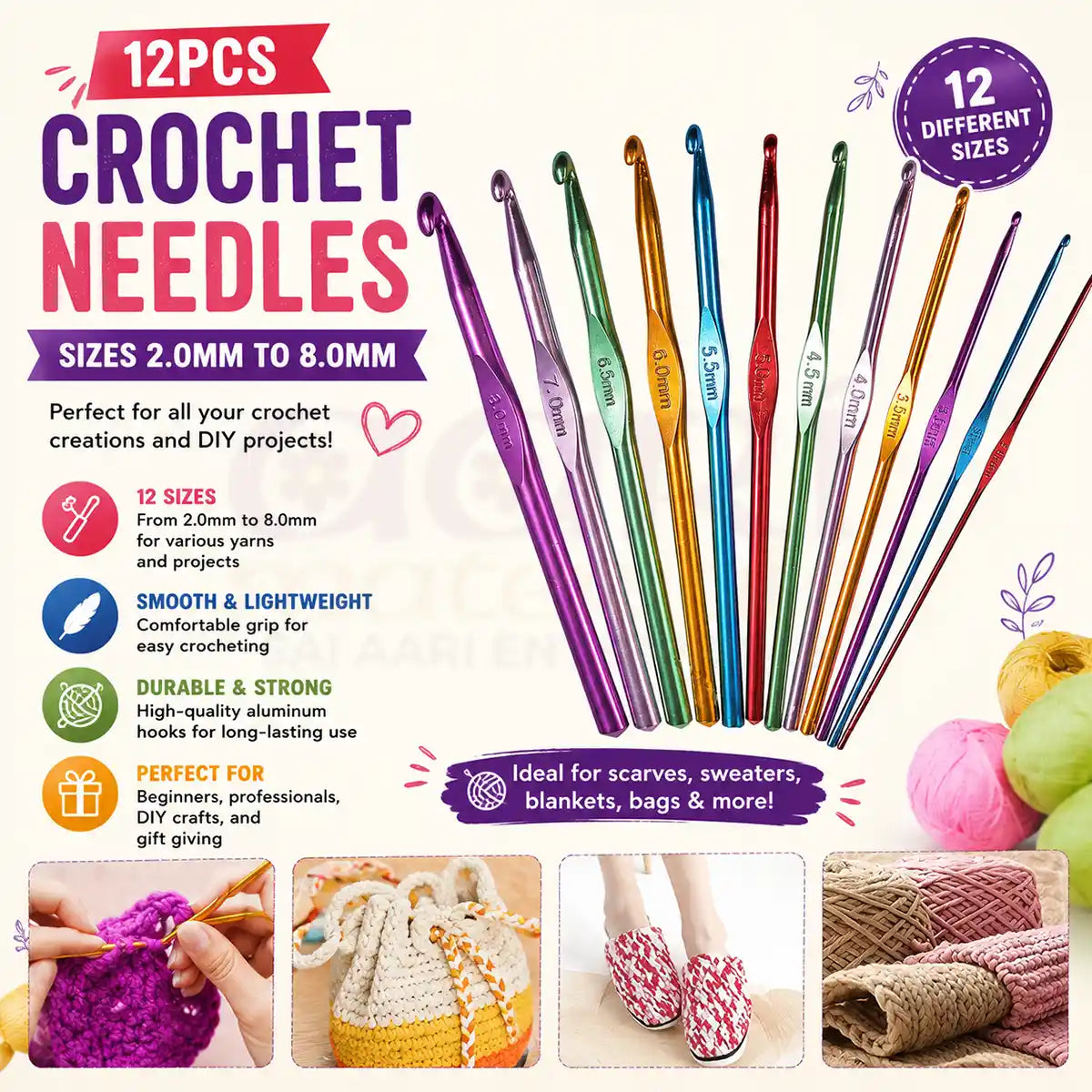 12pcs Crochet Needles Sizes 2.0mm to 8.0mm