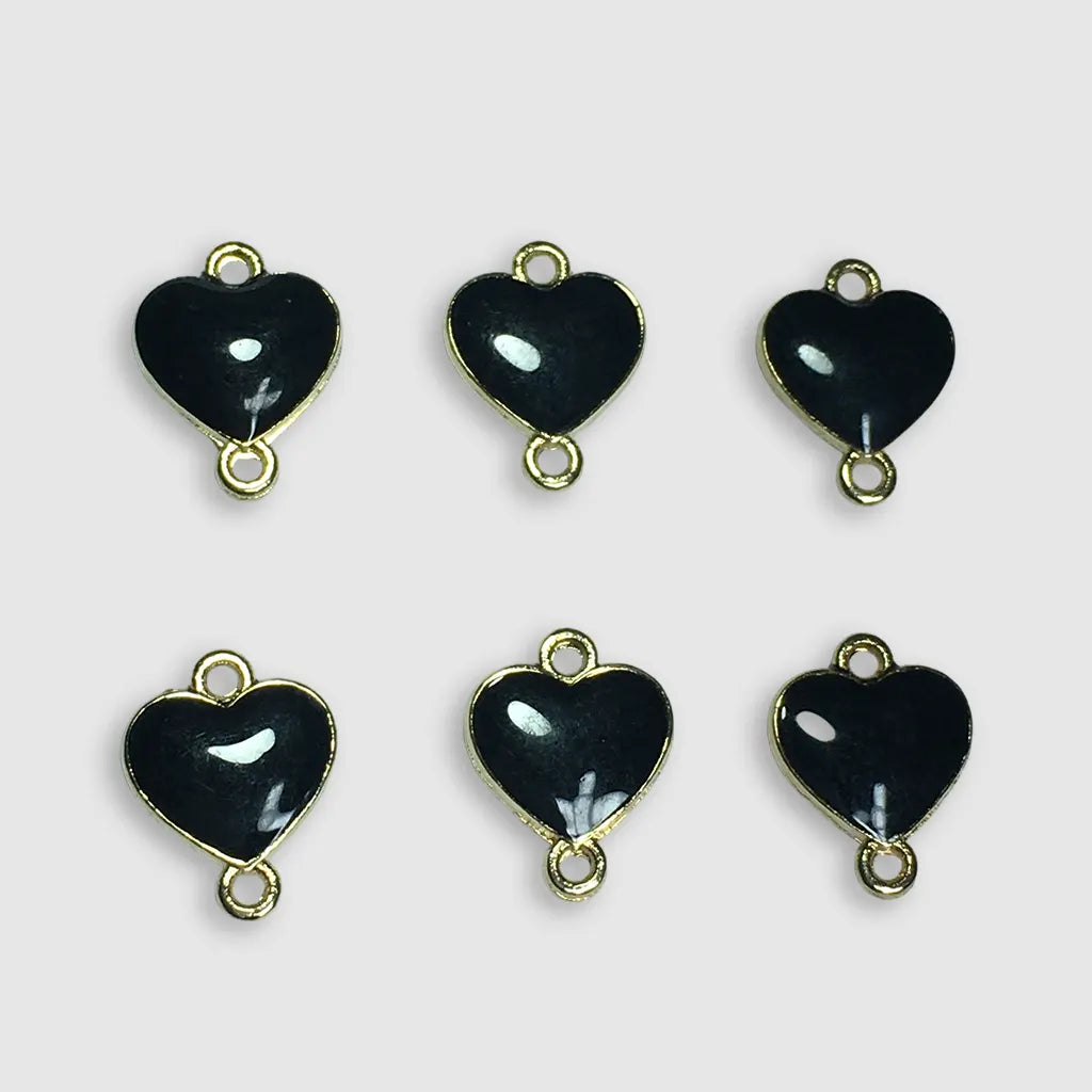 Double Hole Enamel Heart Shape Pendant Charms Black Color 12x8x3MM 6Pcs