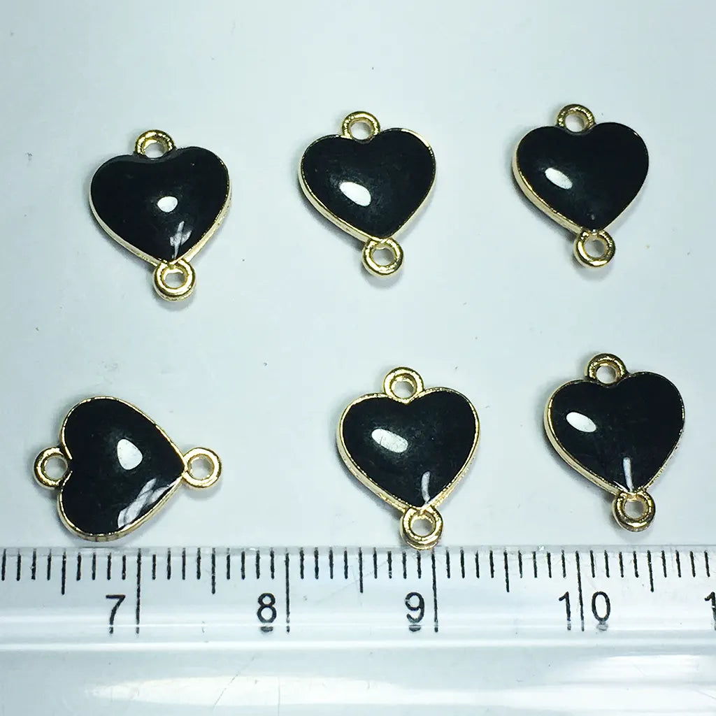 Double Hole Enamel Heart Shape Pendant Charms Black Color 12x8x3MM 6Pcs