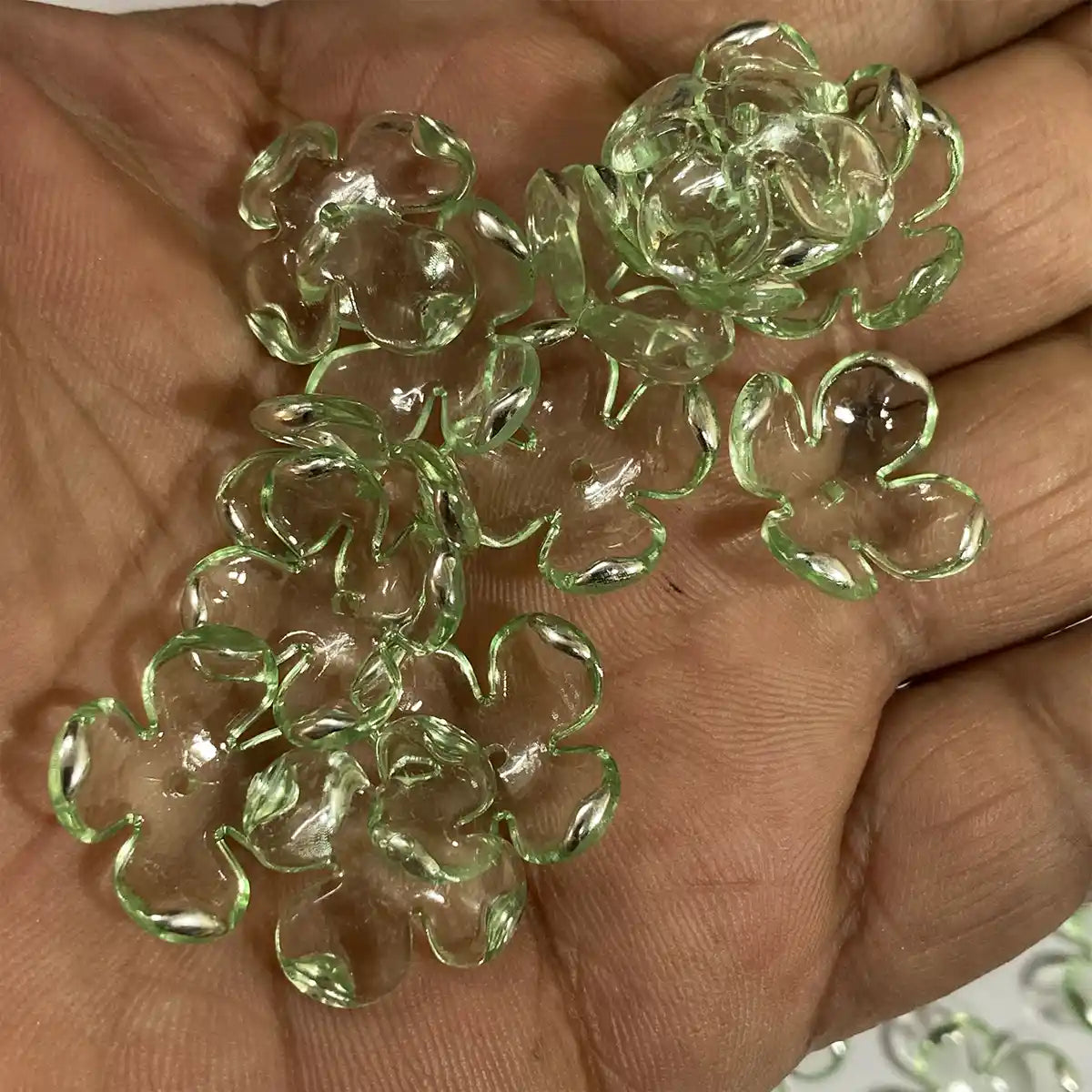 3D Resin Flower Beads with Silver Edge Light Green Color - 10 grams
