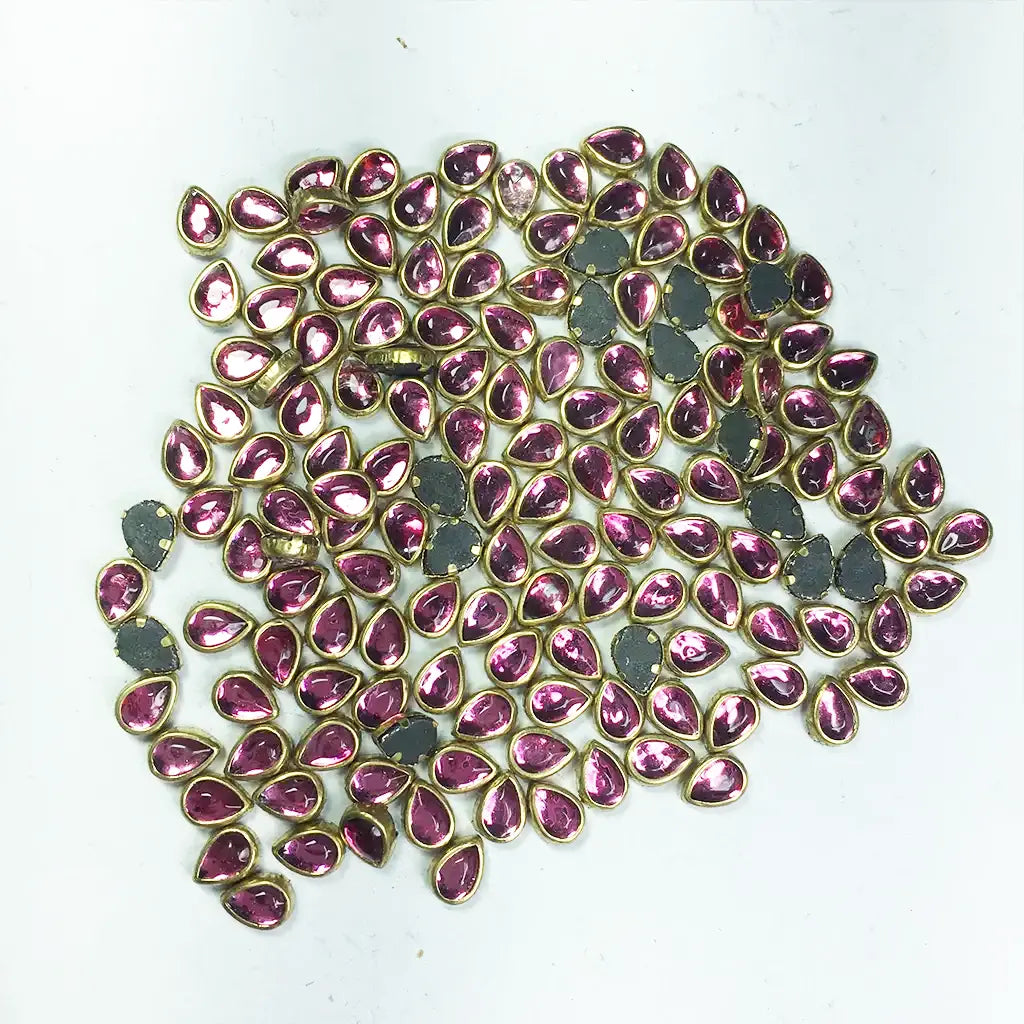 Glass Kundan Stone Framed Teardrop Shape Pink Color 6mmX4mm (20grams)