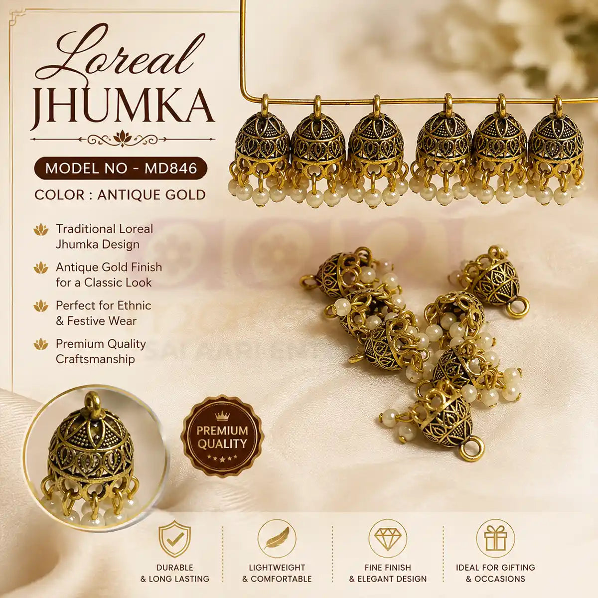 Antique Gold Loreal Jhumka Model No - MD846 (2 Pcs)