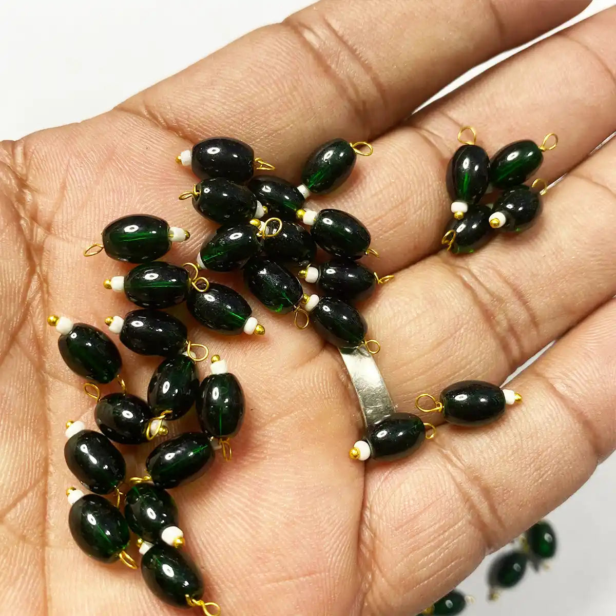 Hanging Beads Oval Shape Readymade Hook (8mmx6mm) Glassy Dark Green Color