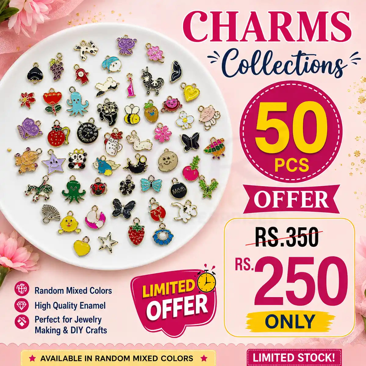 Charms Collection – 50 PCS Pack (Random Mixed Colors)