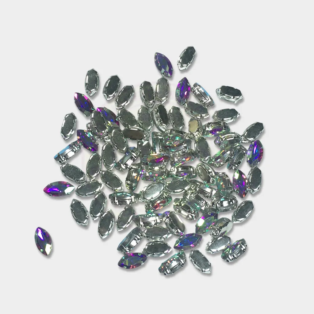 Clip Stone Eye Shape 8x5mm Rainbow Color Silver Base (12pcs)