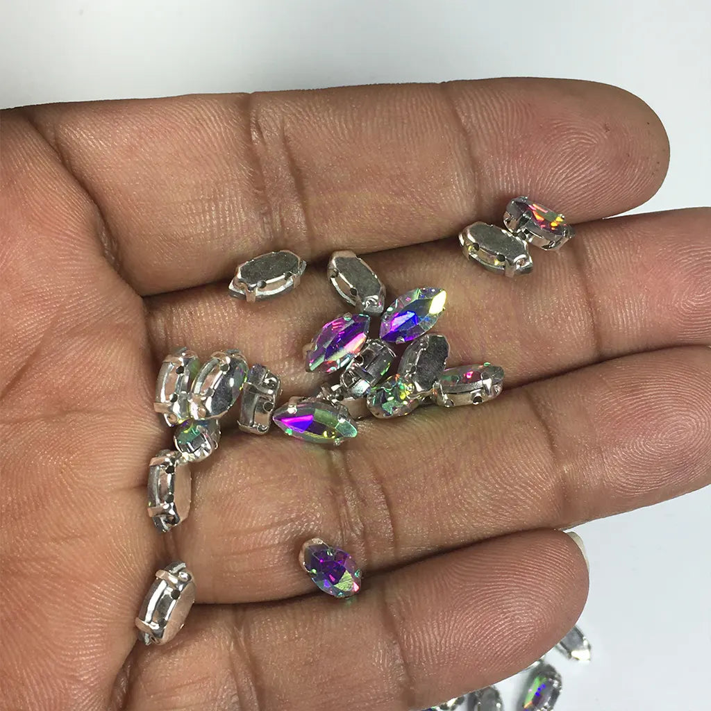 Clip Stone Eye Shape 8x5mm Rainbow Color Silver Base (12pcs)