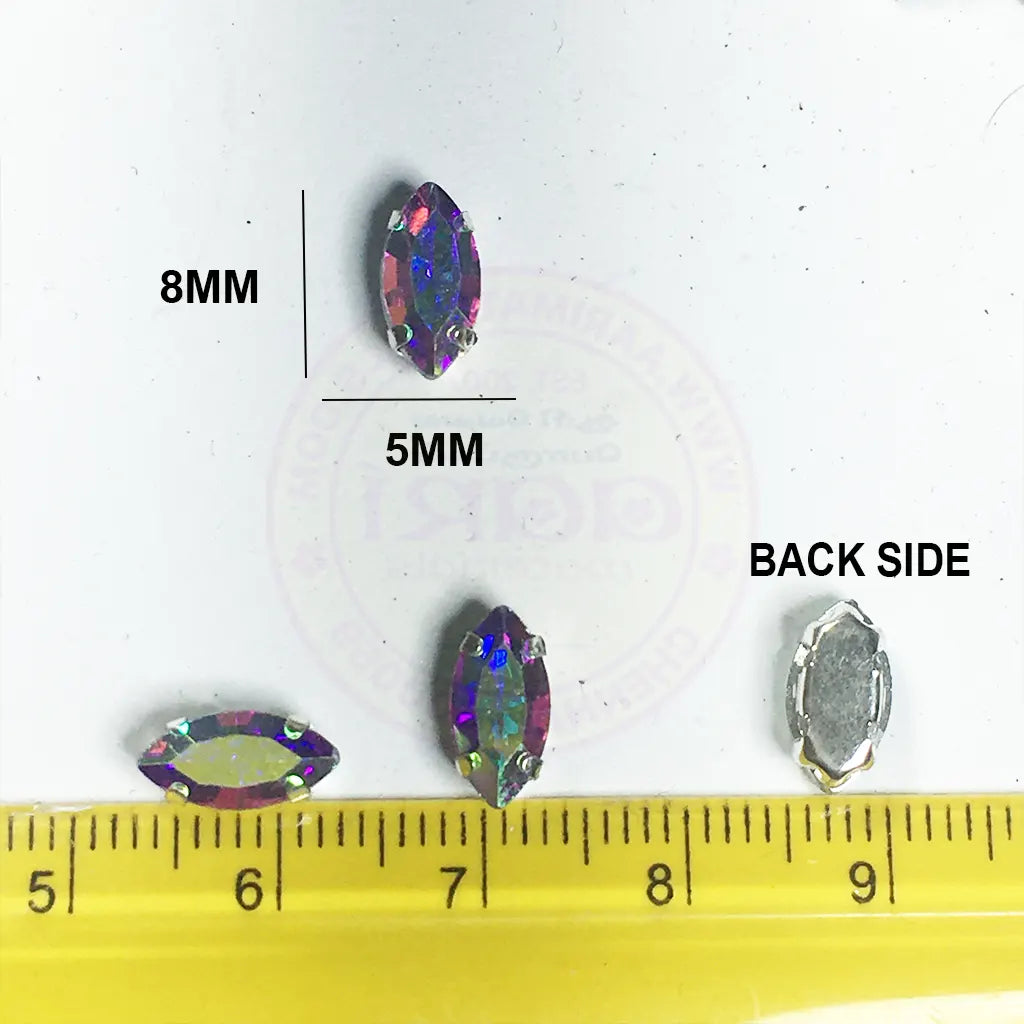 Clip Stone Eye Shape 8x5mm Rainbow Color Silver Base (12pcs)