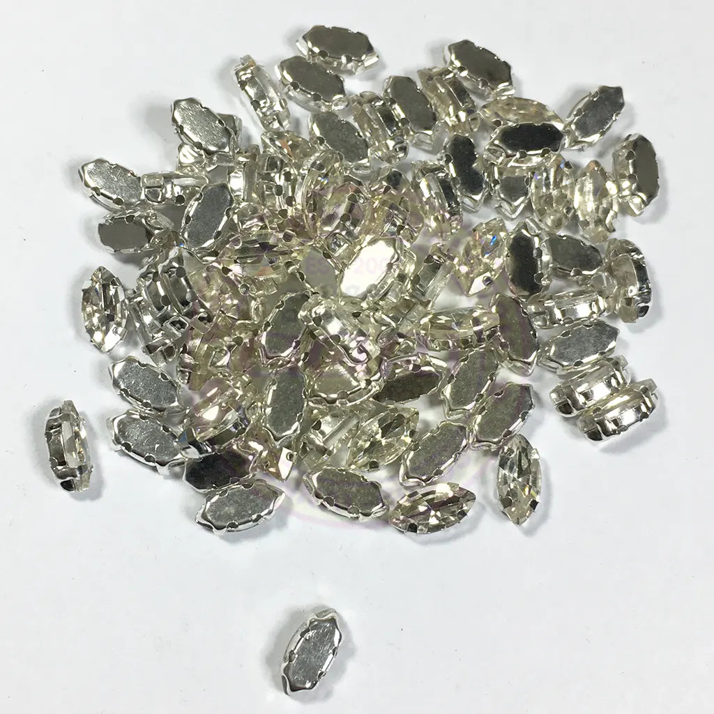 Clip Stone Eye Shape 8x5mm White Color Silver Base (12pcs)