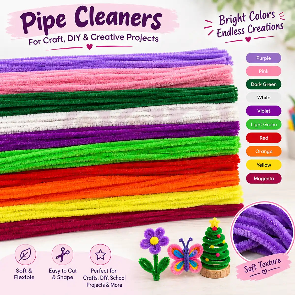 Colorful Pipe Cleaners for Craft & DIY Projects - Pack of 25 Pieces