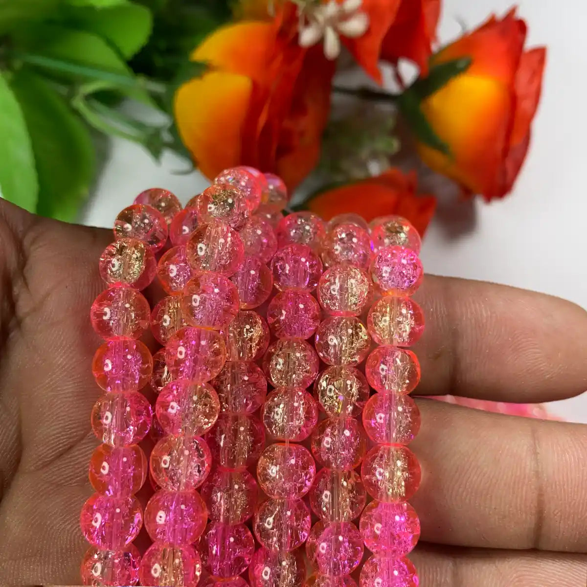 Crackle Glass beads Size 8mm Pink with Yellow Color (1Line)