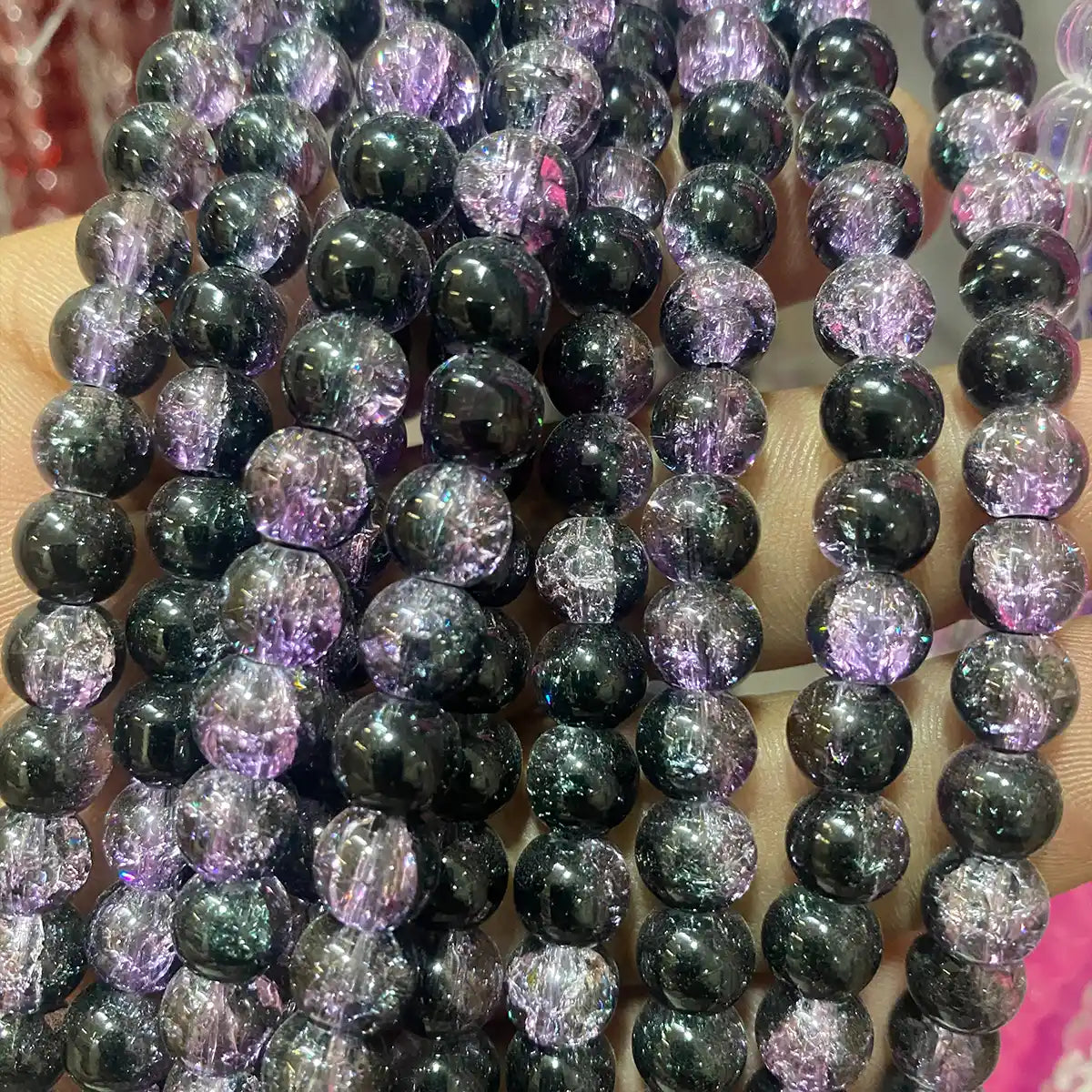 Crackle Glass beads Size 8mm Black with Purple Color (1Line)