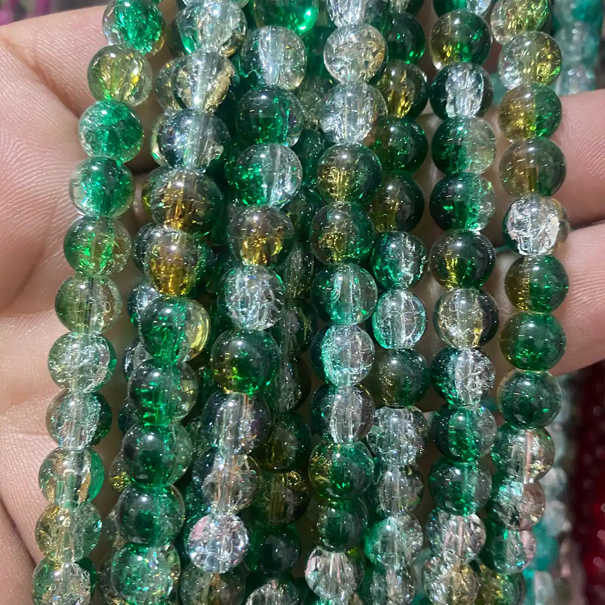 Crackle Glass beads Size 8mm Green with Yellow Color (1Line)