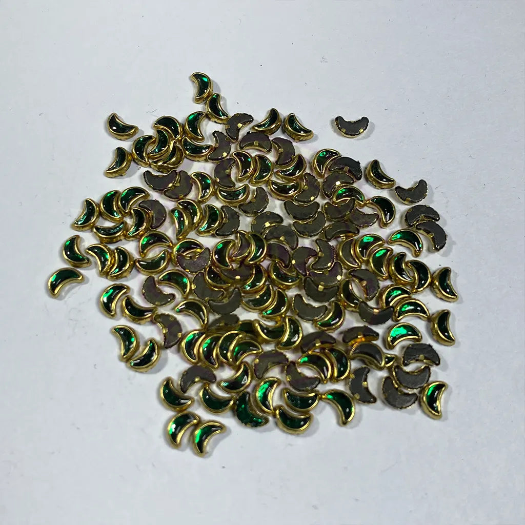 Glass Crescent or Moon Shape Kundan Stone 6x4mm Green Color (20grams)