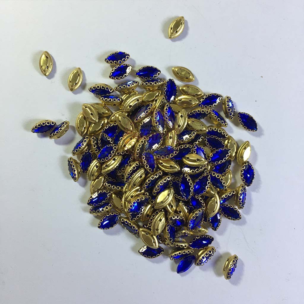 Glass Crystal Stone With Flower Catcher On Sew Blue Color 10X6MM 5Pieces