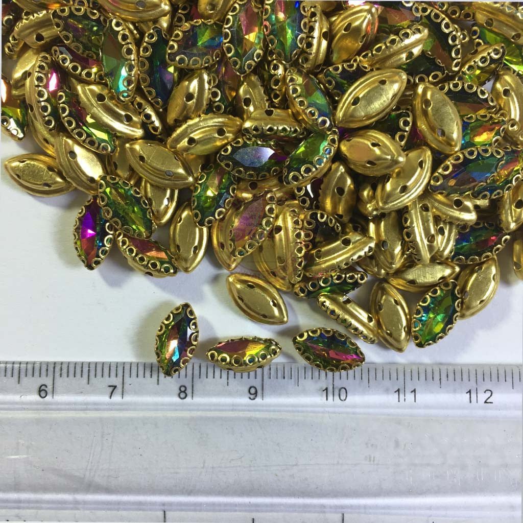 Glass Crystal Stone With Flower Catcher On Sew Multi Color 10X6MM 5Pieces