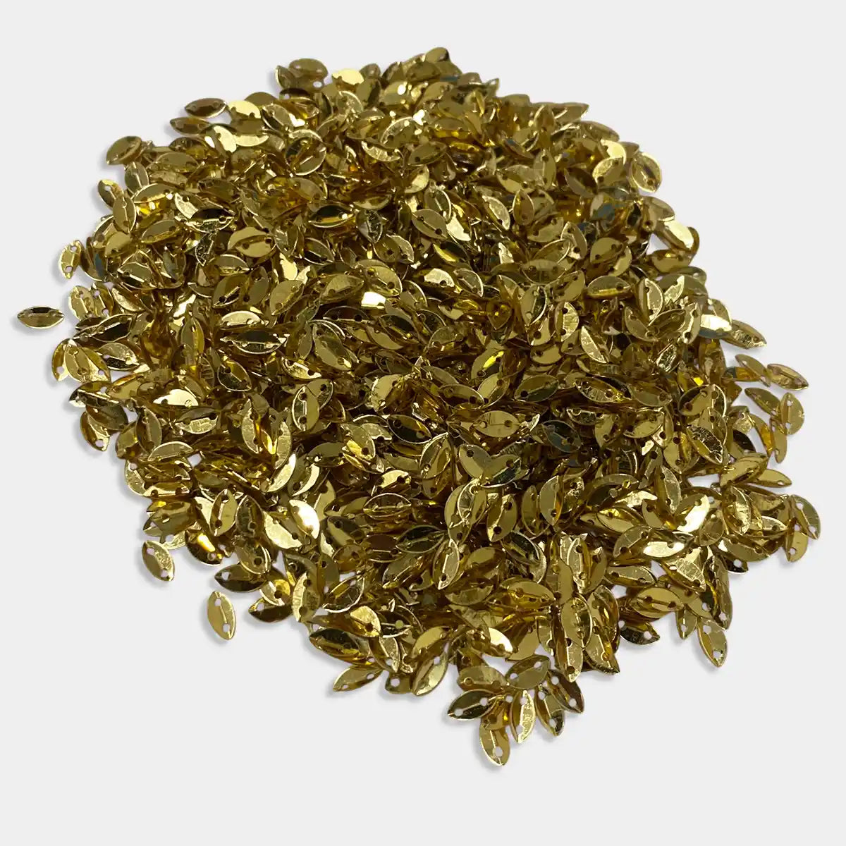 Golden Colour 2 Hole Leaf Shape Sequins Size 6×4 mm – 10grams