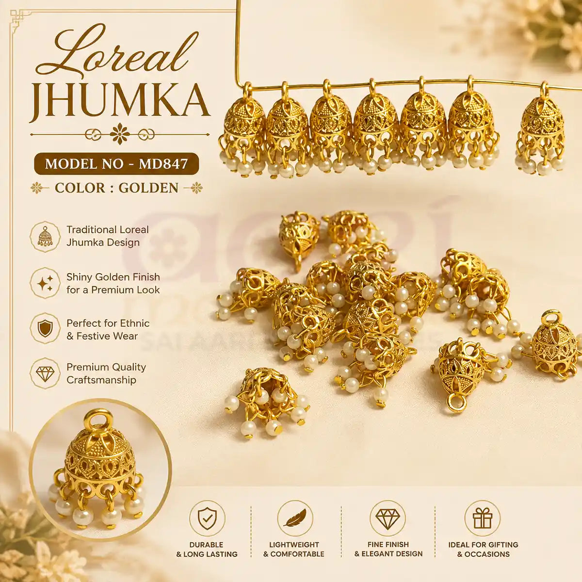 Golden Loreal Jhumka Model No - MD847 (2 Pcs)
