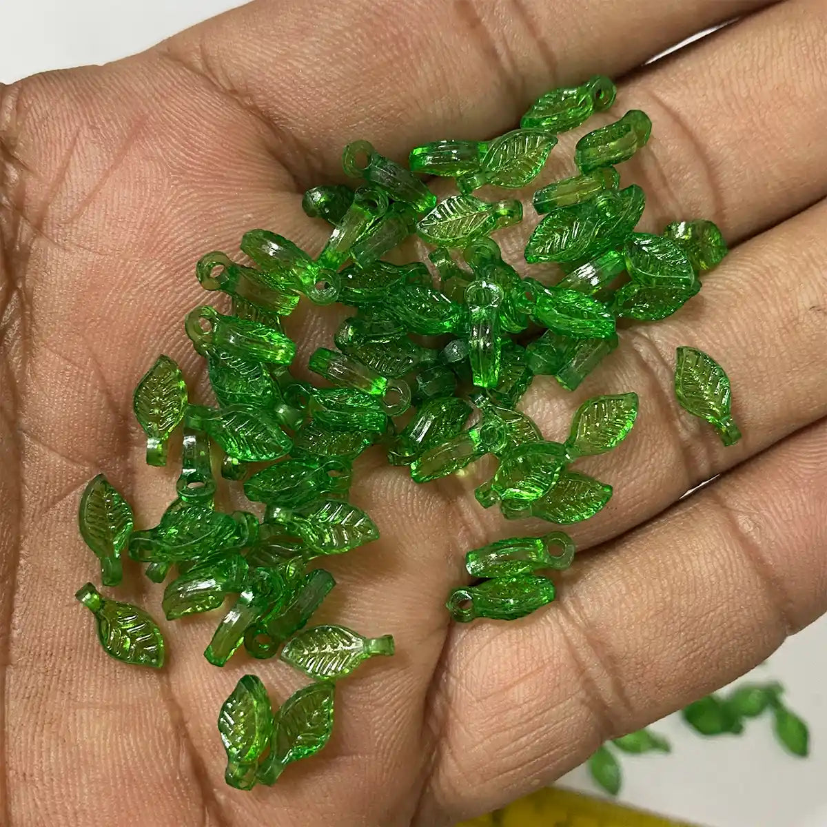 Green Frosted Leaf Transparent Acrylic Beads with Hole - 10 grams