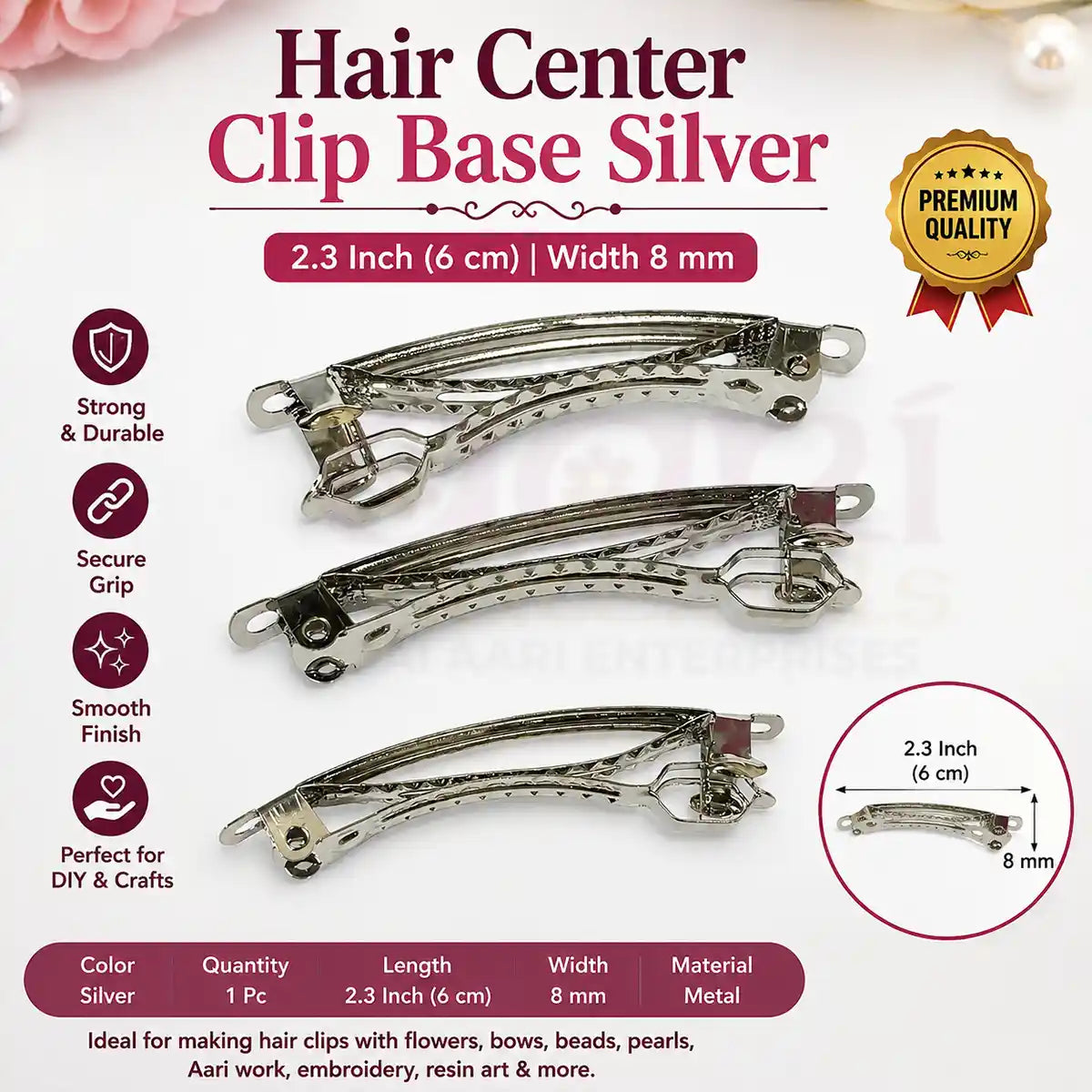 Hair Center Clip Base Silver (1 Pc) – 2.3 Inch (6 cm) DIY Hair Accessories