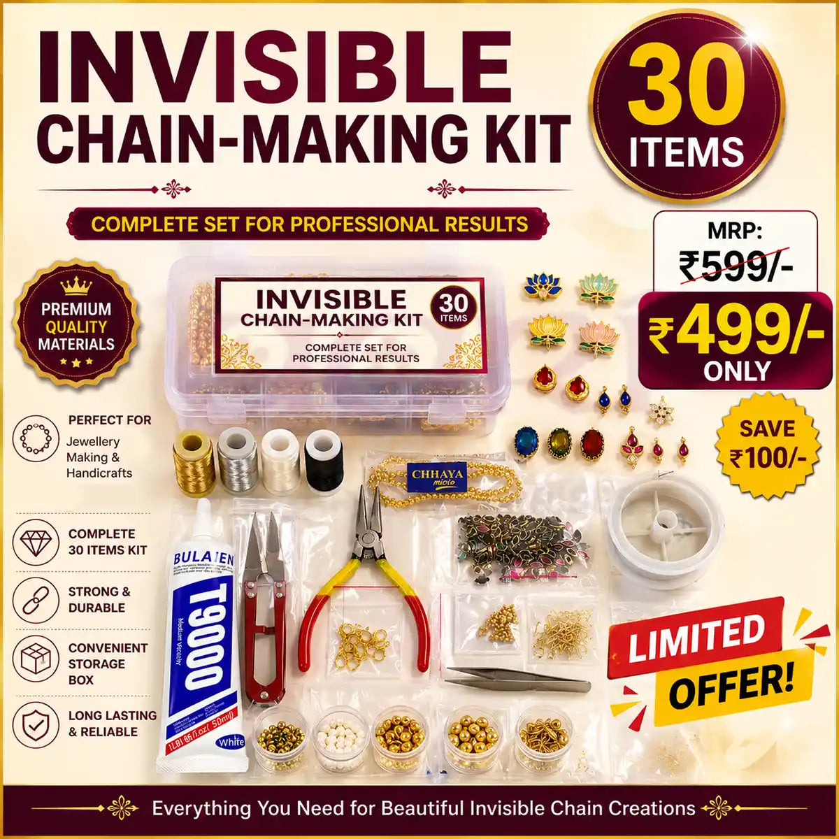 Invisible Chain Making Kit – 30 Items | Complete DIY Jewelry Making Set