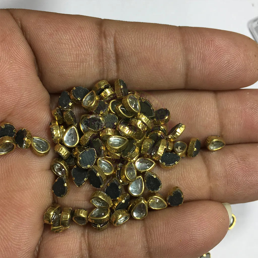 Kundan Stone Flat Back Framed Teardrop Shape 6mmX4mm Color White 25grams