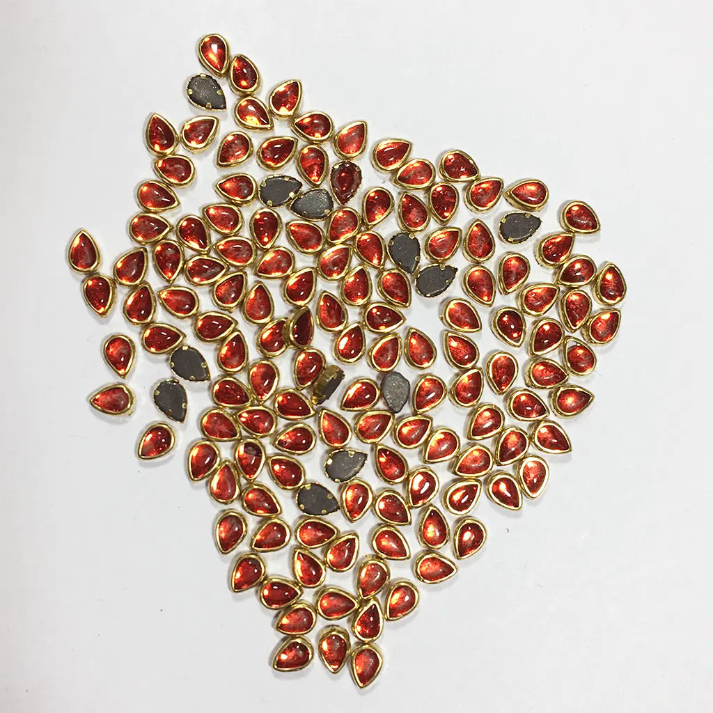 Glass Kundan Stone Framed Teardrop Shape Red Color 6mmX4mm (20grams)