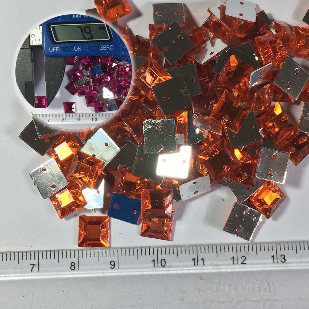 Kundan Stone Square Shape with Hole 8mm Orange Color (10grams)