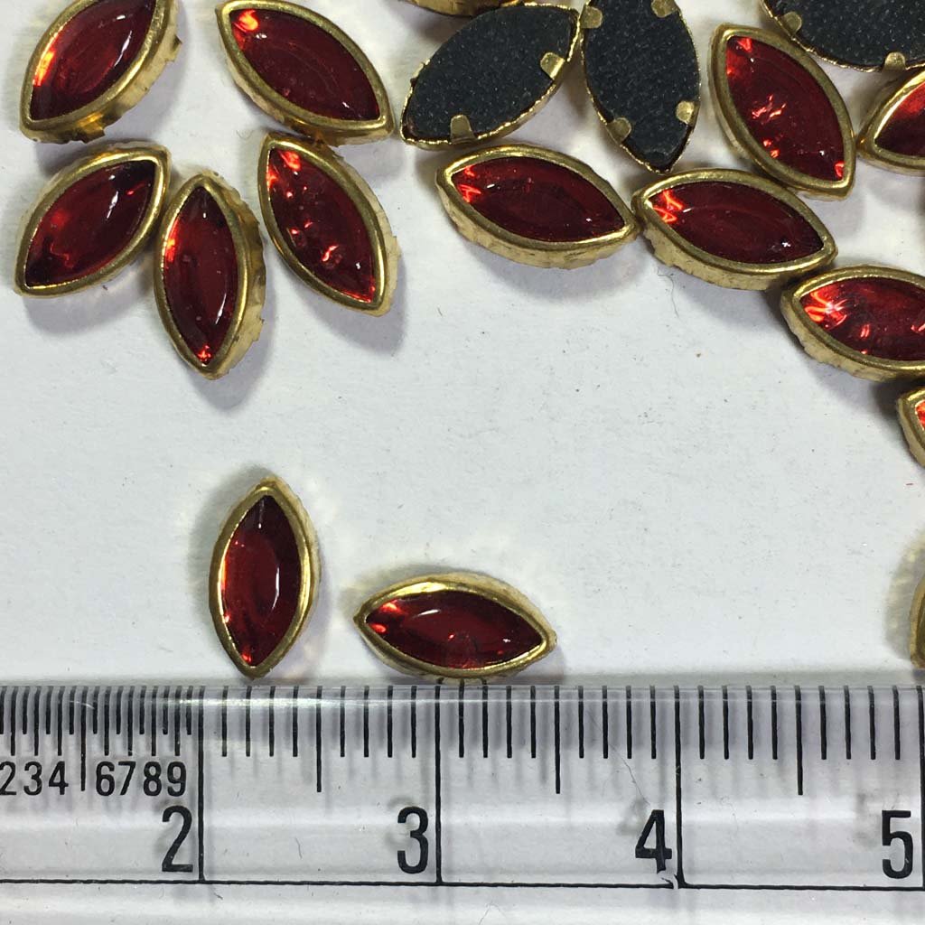Glass Kundan Stones in Flat Back Mounts Eye Shape 8x5MM (Red) 20grams