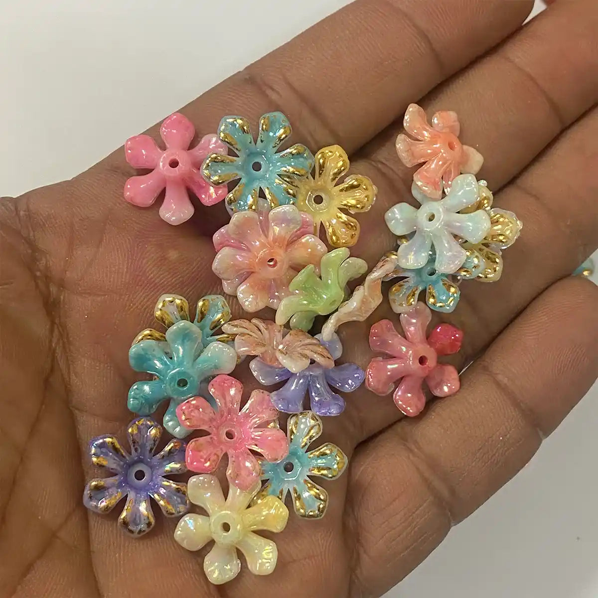 Mix Color 6-Petal  Frosted Acrylic Flower Beads with Gold Outline – Pack of 10 Grams