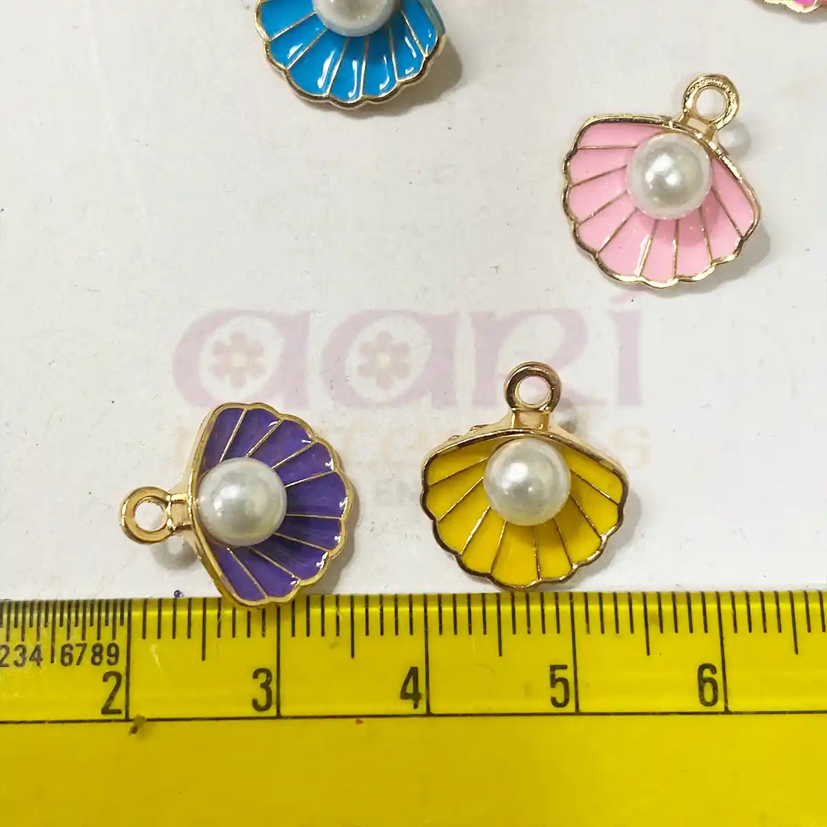 Mixed Color Enamel Shell with Pearl Charms 15mm - Pack of 6 pieces