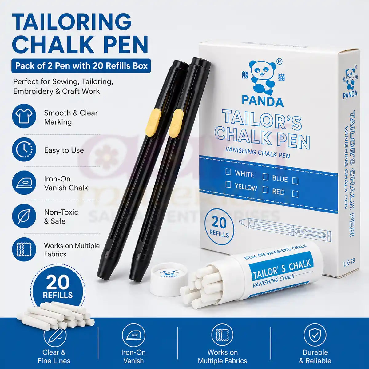Panda Tailor's Chalk Pen with 20 Refills for Fabric Marking - Sewing