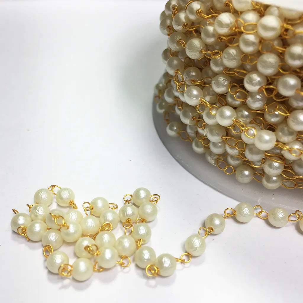 White Pearl Wire Wrapped Beaded Gold Chain 4mm (1Meter)