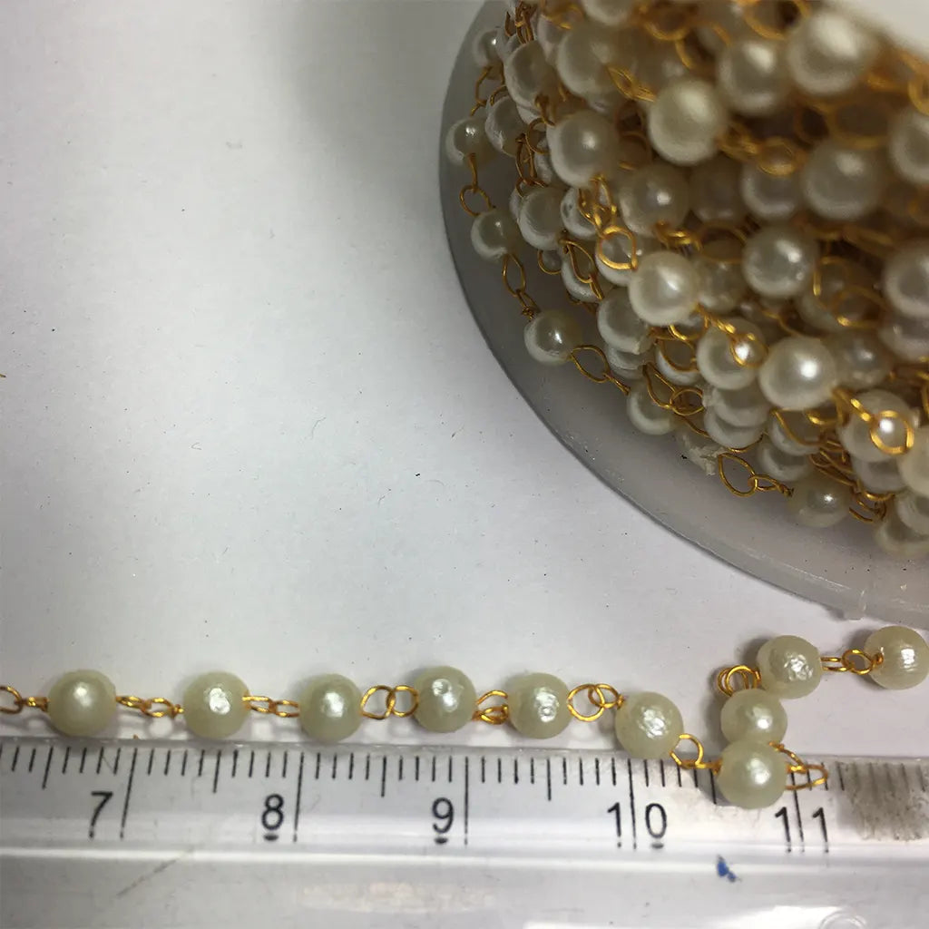 White Pearl Wire Wrapped Beaded Gold Chain 4mm (1Meter)