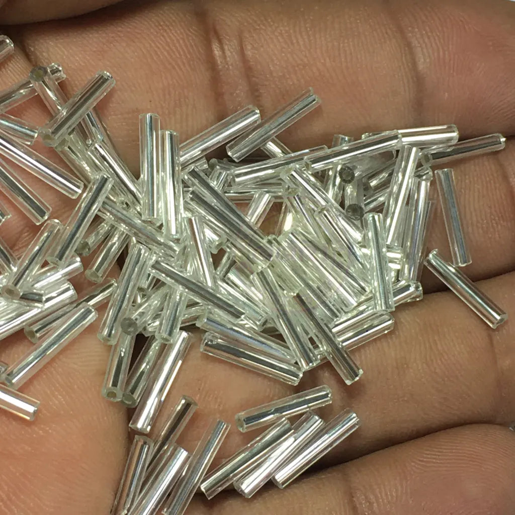 Pipe or Bugle Glass Beads Silver or White Color (25grams)