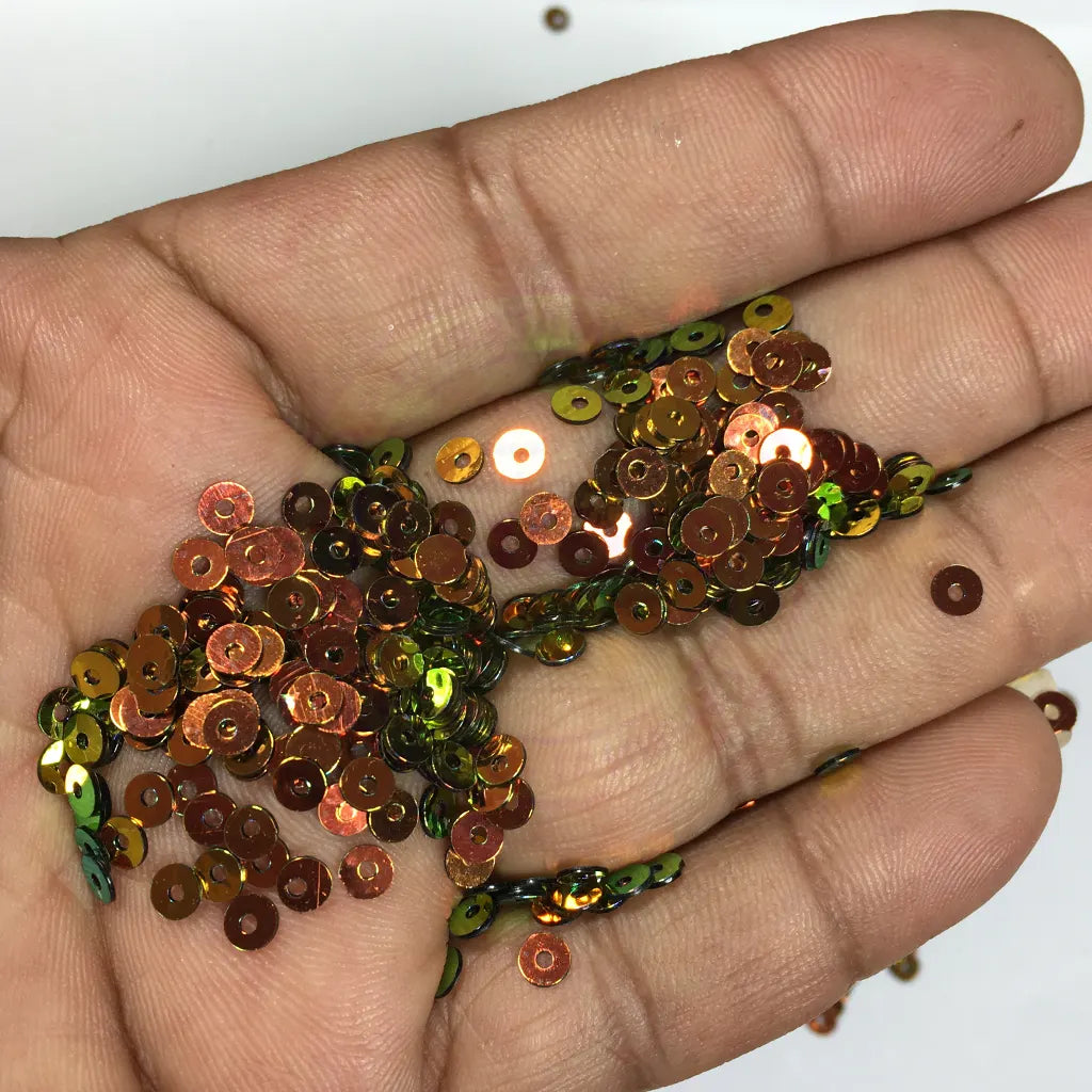 Round Shape Sewing Shiny Sequins Green with Gold Shade Color 4MM (10grams)