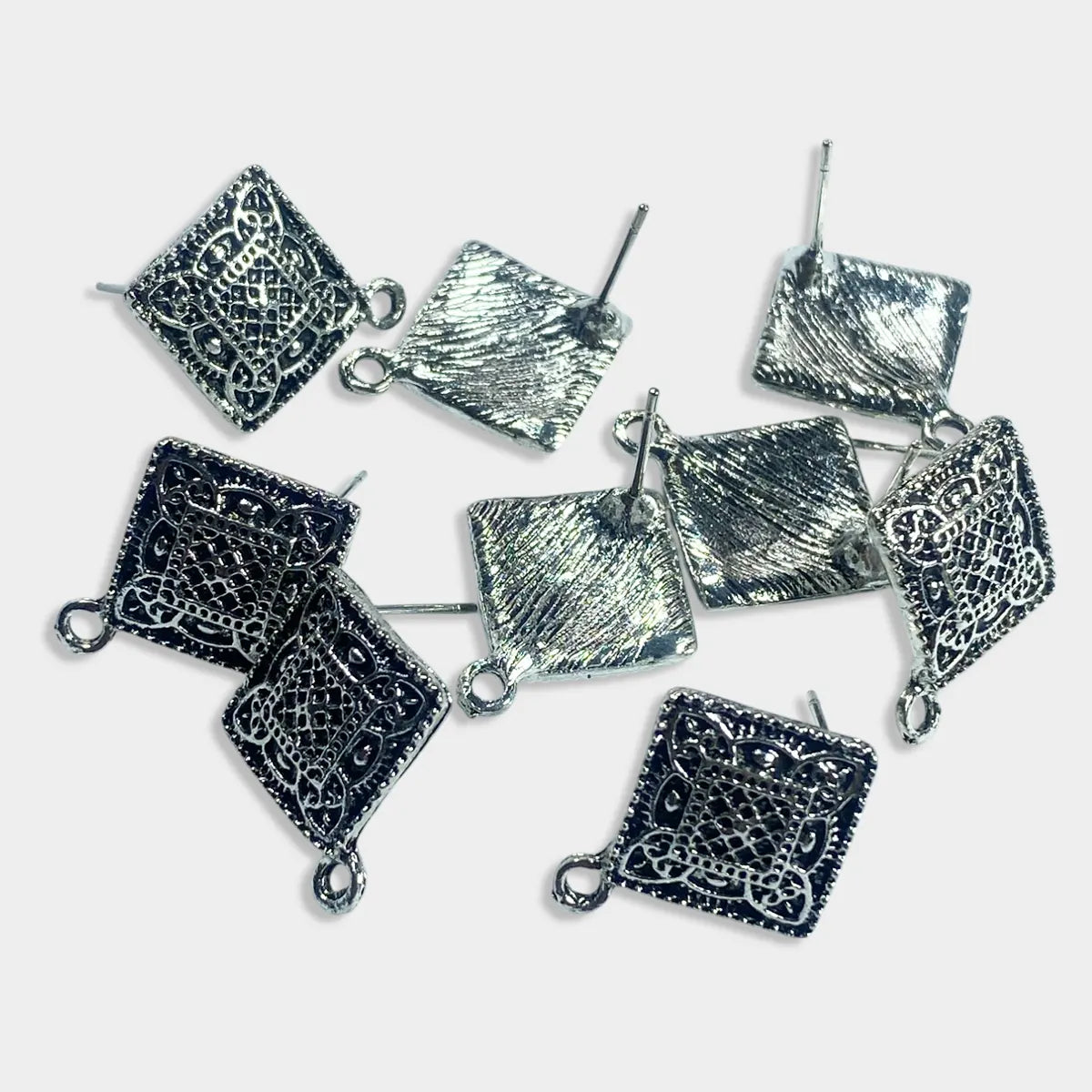 Silver Oxidized Diamond Shape Earrings Making Studs Tops(Pack of 2pair)