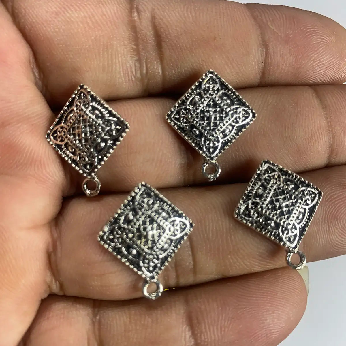 Silver Oxidized Diamond Shape Earrings Making Studs Tops(Pack of 2pair)
