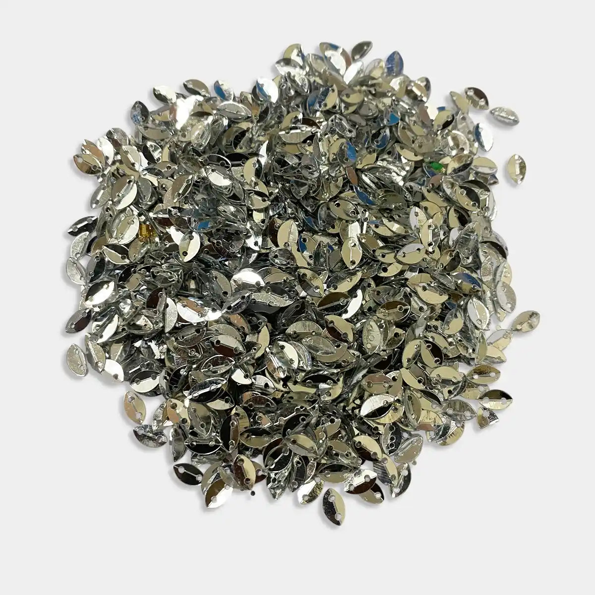 Silver Colour 2 Hole Leaf Shape Sequins Size 6×4 mm – 10grams
