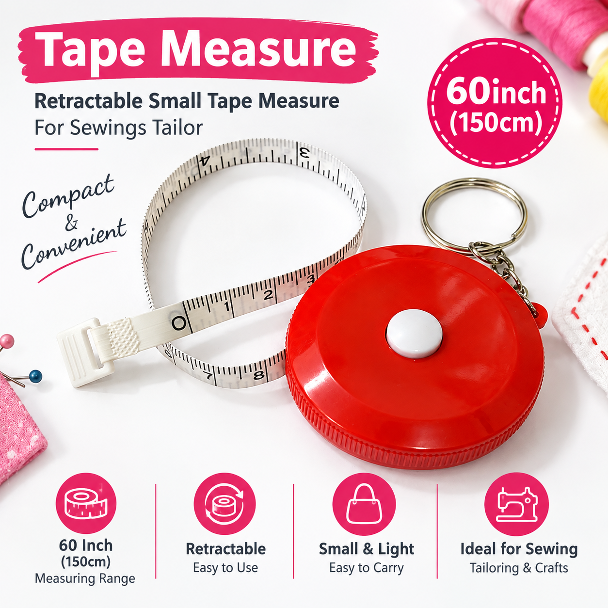 Tape Measure 60 Inch (150cm) – Retractable Small Tape Measure for Sewing & Tailoring