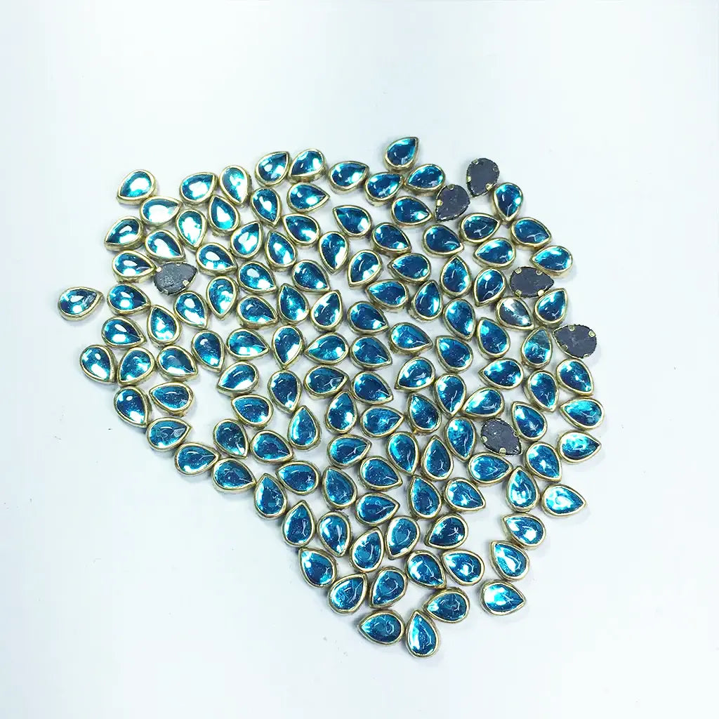 Glass Kundan Stone Framed Teardrop Shape Sky Blue 6mmX4mm (20grams)