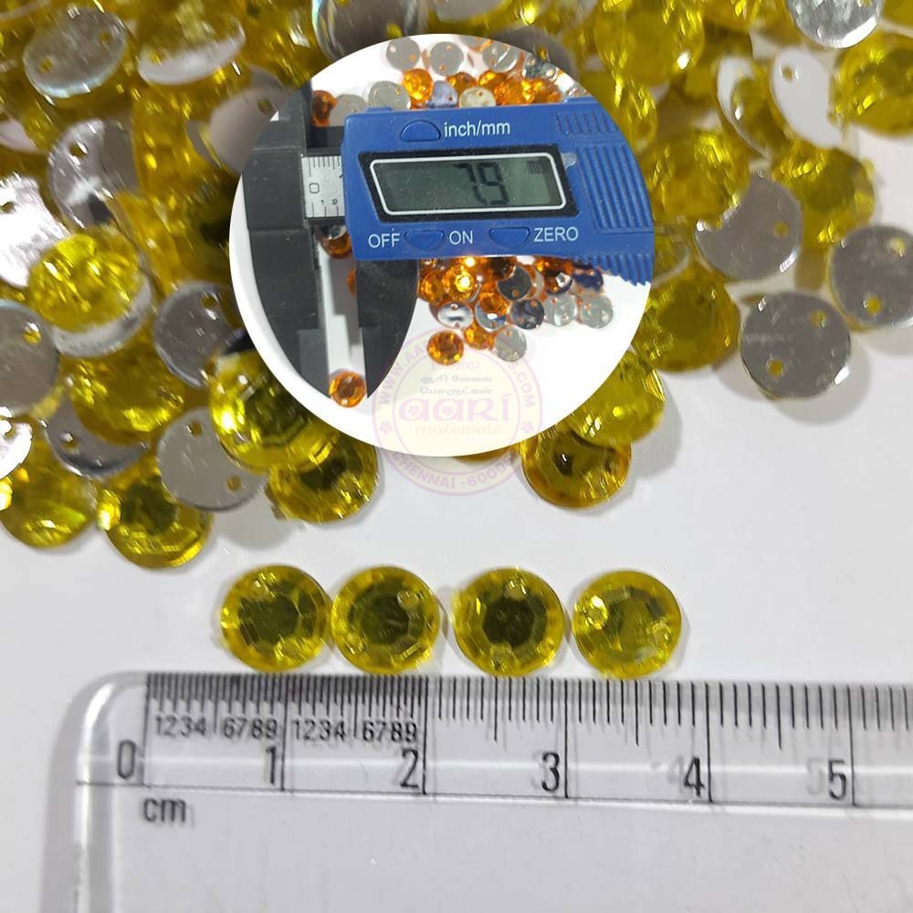 Round Shape Kundan Stone with Hole 8mm Color Yellow (10g)