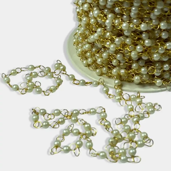 White Pearl Wire Wrapped Beaded Gold Chain 3mm (1Meter)